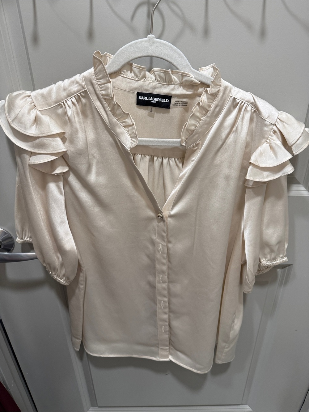 Karl Lagerfeld Ivory Ruffle Sleeve Button-Up Blouse